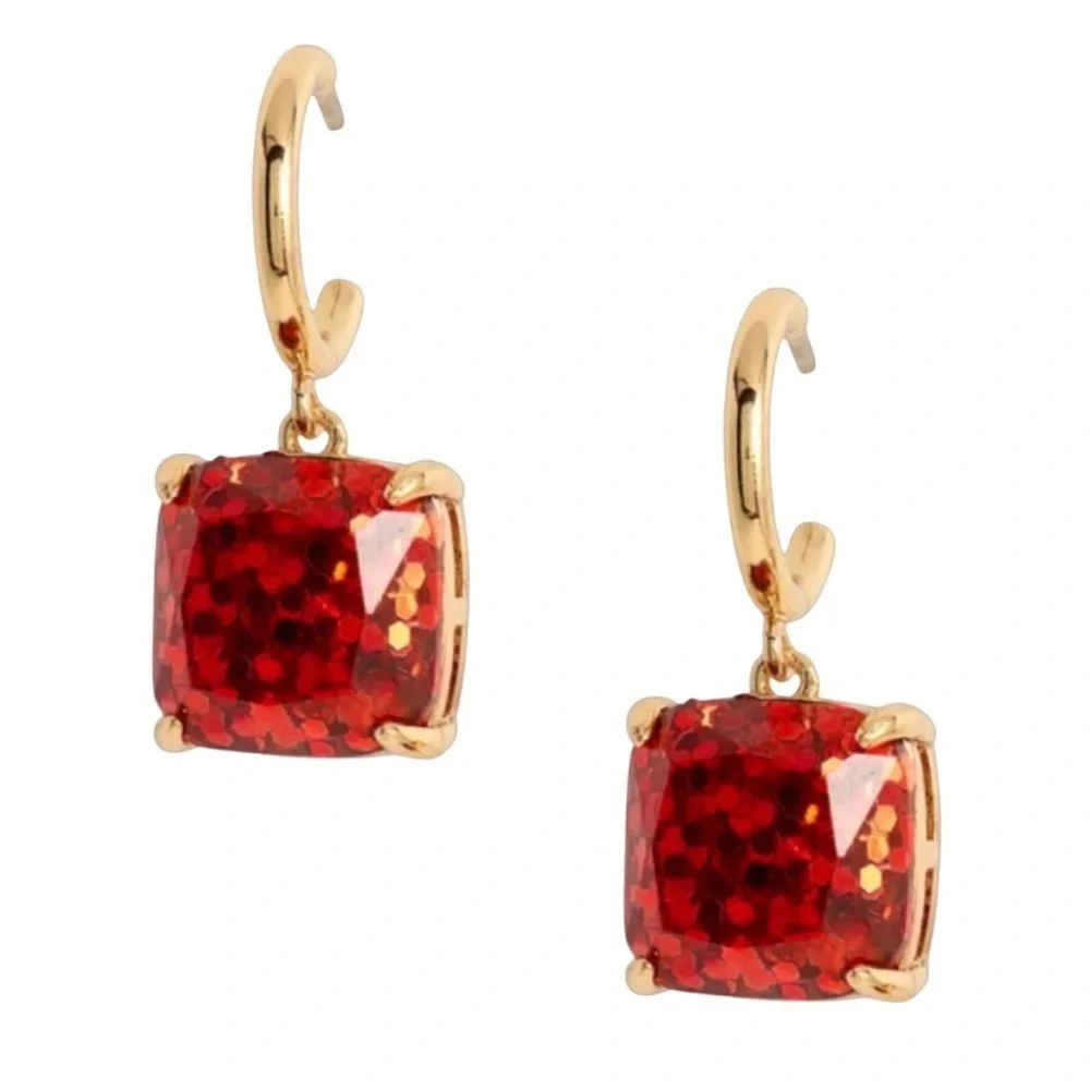 KATE SPADE • Squared Away Red Glitter Huggies Hoop Earrings - Picture 1 of 5